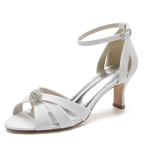 KUHAOFEU Brautschuhe Damen Glitzer Peep Zehen Knöchelriemen Schnalle Kätzchen Absatz Hochzeit Abendschuhe mit Strass,Weiß,39 EU von KUHAOFEU