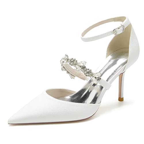 KUHAOFEU Brautschuhe Damen Knöchelriemen Glitter Pumps Stöckelabsatz Spitze Zehen Strass Hochzeitsschuhe,Weiß,40 EU von KUHAOFEU