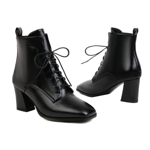 KUHAOFEU Chelsea Stiefeletten Damen Stiefeletten Dicke Lederabsätze Chelsea Stiefel Spitze Quadrat Kurze Schnürstiefel,Schwarz,43 EU von KUHAOFEU