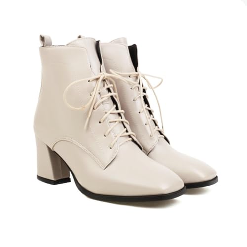 KUHAOFEU Chelsea Stiefeletten Damen Stiefeletten Dicke Lederabsätze Chelsea Stiefel Spitze Quadrat Kurze Schnürstiefel,Weiß,47 EU von KUHAOFEU
