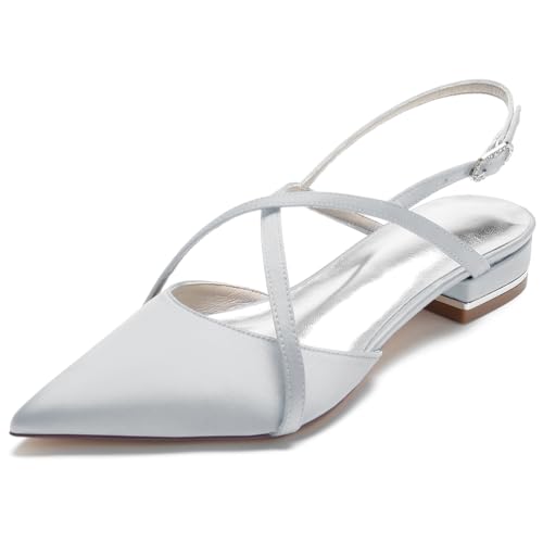 KUHAOFEU Damen Back Strap Flache Schuhe Spitze Zehen Slip-On - Sandalen Sommer Für Arbeit, Partys, Hochzeiten, Abschlussbälle,Silber,38 EU von KUHAOFEU