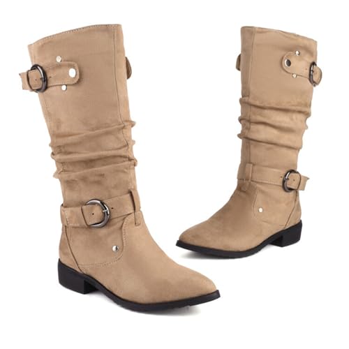 KUHAOFEU Damen Biker Mid Kalb Stiefel Slouchy Reiten Breite Kalb Stiefel Low Heel Pelz gefüttert Winter Pull On Booties,Beige,42 EU von KUHAOFEU