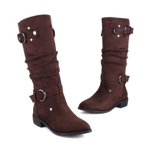 KUHAOFEU Damen Biker Mid Kalb Stiefel Slouchy Reiten Breite Kalb Stiefel Low Heel Pelz gefüttert Winter Pull On Booties,Braun,48 EU von KUHAOFEU