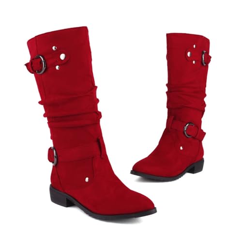 KUHAOFEU Damen Biker Mid Kalb Stiefel Slouchy Reiten Breite Kalb Stiefel Low Heel Pelz gefüttert Winter Pull On Booties,Rot,38 EU von KUHAOFEU