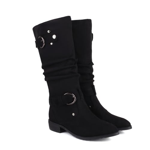 KUHAOFEU Damen Biker Mid Kalb Stiefel Slouchy Reiten Breite Kalb Stiefel Low Heel Pelz gefüttert Winter Pull On Booties,Schwarz,47 EU von KUHAOFEU
