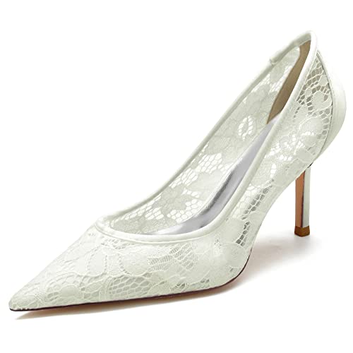 KUHAOFEU Damen Brautschuhe Geschlossene Zehen Stöckelabsatz Pumps Spitze Satin Schlüpfen Auf Hochzeitsschuhe,Elfenbein,38 EU von KUHAOFEU