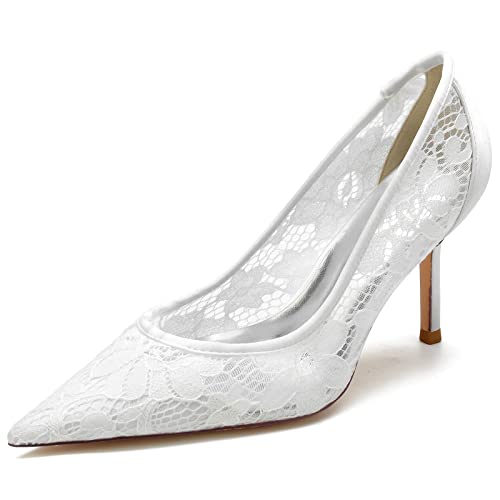 KUHAOFEU Damen Brautschuhe Geschlossene Zehen Stöckelabsatz Pumps Spitze Satin Schlüpfen Auf Hochzeitsschuhe,Weiß,41 EU von KUHAOFEU