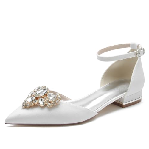 KUHAOFEU Damen Brautschuhe Strass Spitze Knöchelriemen Schnallen Flache Ballerinas Abendkleid Hochzeitsschuhe,Weiß,43 EU von KUHAOFEU