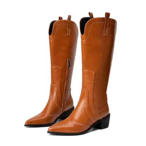 KUHAOFEU Damen Breite Waden Hohe Stiefel mit Mittlerer Blockabsatz Spitze Zehen Reißverschluss Langschaft Stiefel,Braun,47 EU von KUHAOFEU