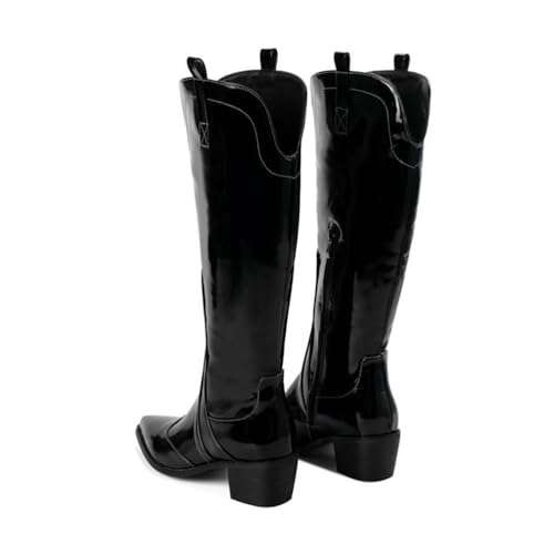 KUHAOFEU Damen Breite Waden Hohe Stiefel mit Mittlerer Blockabsatz Spitze Zehen Reißverschluss Langschaft Stiefel,Schwarz,46 EU von KUHAOFEU