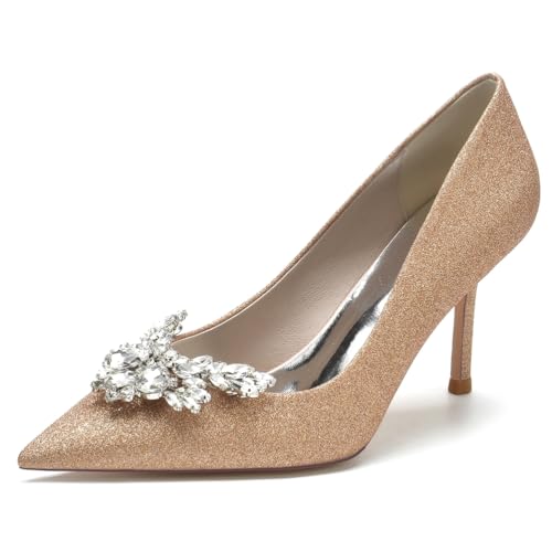 KUHAOFEU Damen Büro Pumps Spitze Zehen Glitzer Stöckelabsatz Braut Hochzeit Schuhe mit Strass,Champagne,37 EU von KUHAOFEU