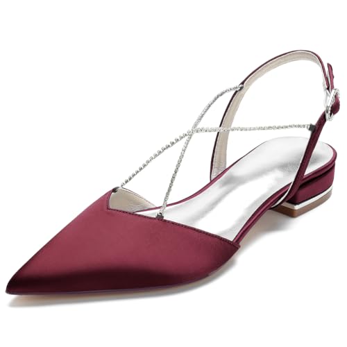 KUHAOFEU Damen Chunky Low Heel Pumps Riemensandalen Spitzes Kleid Hochzeit Party Schuhe,Burgundy,42 EU von KUHAOFEU