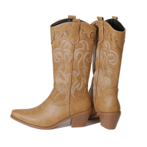 KUHAOFEU Damen Cowboy Stiefel Aus Leder Westernstiefel Blockabsatz Stiefeletten,Gelb,37 EU von KUHAOFEU