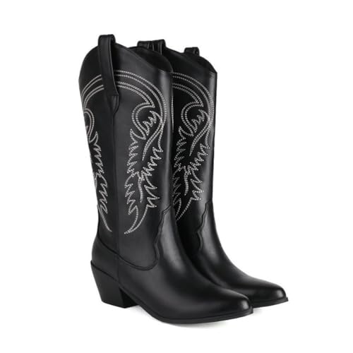 KUHAOFEU Damen Cowboystiefel Halbhohe Cowgirlstiefel Stickereien Westernstiefel Fashion Herbststiefel,Schwarz,45 EU von KUHAOFEU