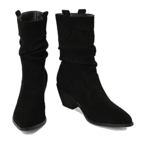 KUHAOFEU Damen Cowgirl-Stiefel Dicker Blockabsatz Spitze Zehen Western Cowboy Winterstiefel,Schwarz,48 EU von KUHAOFEU