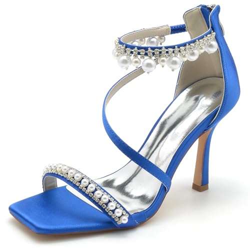 KUHAOFEU Damen Eckige Zehen Stöckelabsatz Pumps reißverschluss Sommer Sandaletten mit Absatz Party Abschlussball Hochzeit Stöckelschuhe,Blau,37 EU von KUHAOFEU