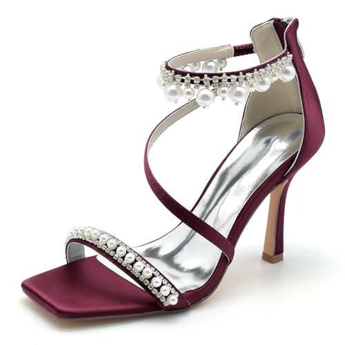 KUHAOFEU Damen Eckige Zehen Stöckelabsatz Pumps reißverschluss Sommer Sandaletten mit Absatz Party Abschlussball Hochzeit Stöckelschuhe,Burgundy,39 EU von KUHAOFEU