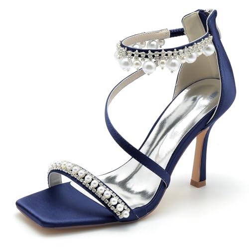 KUHAOFEU Damen Eckige Zehen Stöckelabsatz Pumps reißverschluss Sommer Sandaletten mit Absatz Party Abschlussball Hochzeit Stöckelschuhe,Marine,38 EU von KUHAOFEU