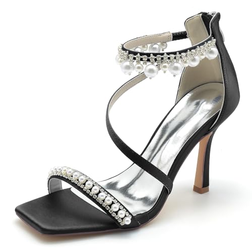 KUHAOFEU Damen Eckige Zehen Stöckelabsatz Pumps reißverschluss Sommer Sandaletten mit Absatz Party Abschlussball Hochzeit Stöckelschuhe,Schwarz,42 EU von KUHAOFEU