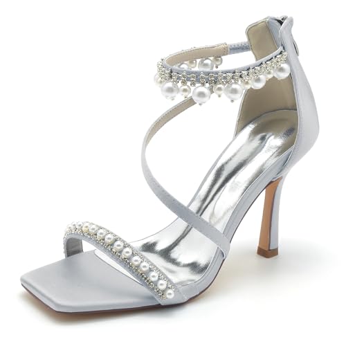 KUHAOFEU Damen Eckige Zehen Stöckelabsatz Pumps reißverschluss Sommer Sandaletten mit Absatz Party Abschlussball Hochzeit Stöckelschuhe,Silber,43 EU von KUHAOFEU