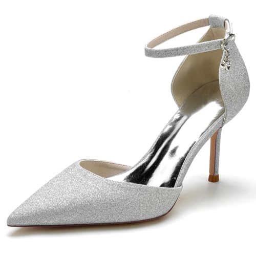 KUHAOFEU Damen Geschlossene Spitze Zehen High Heels Knöchelriemen Stöckelabsatz Hochzeits Brautschuhe,Silber,35 EU KUHAOFEU Damen Geschlossene Spitze Zehen High Heels Knöchelriemen Stöckelabsatz Hochzeits Brautschuhe,Silber,35 EU von KUHAOFEU