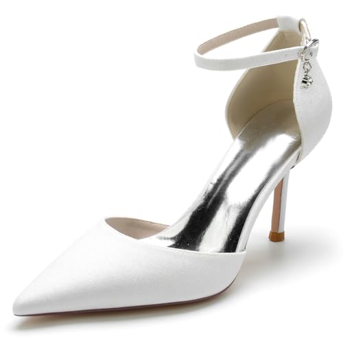 KUHAOFEU Damen Geschlossene Spitze Zehen High Heels Knöchelriemen Stöckelabsatz Hochzeits Brautschuhe,Weiß,42 EU von KUHAOFEU