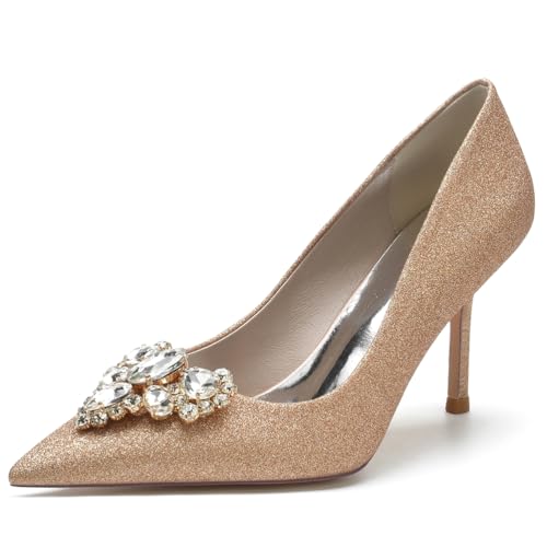 KUHAOFEU Damen Geschlossene Zehen High Heel Hochzeit Abend Party Stöckelschuhe für Braut,Champagne,41 EU von KUHAOFEU