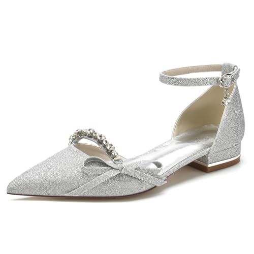 KUHAOFEU Damen Glitzer Brautschuhe Flache Knöchelriemen Hochzeitsschuhe Spitze Zehe Strass Ballerinas,Silber,43 EU KUHAOFEU Damen Glitzer Brautschuhe Flache Knöchelriemen Hochzeitsschuhe Spitze Zehe Strass Ballerinas,Silber,43 EU von KUHAOFEU