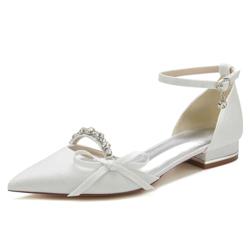 KUHAOFEU Damen Glitzer Brautschuhe Flache Knöchelriemen Hochzeitsschuhe Spitze Zehe Strass Ballerinas,Weiß,39 EU von KUHAOFEU