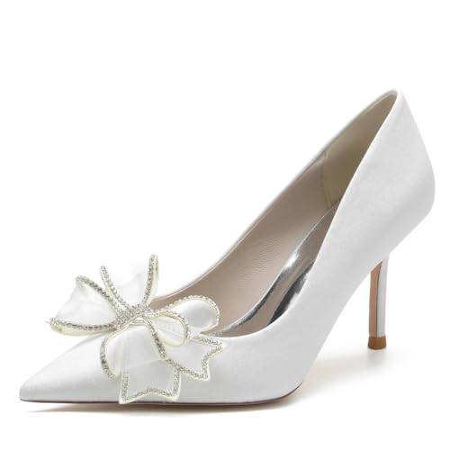 KUHAOFEU Damen Glitzernde Pumps Stiletto Absatz Geschlossene Zehenbereich Hochzeitsfeier Schuhe Schleife Slip on Brautschuhe,Weiß,40 EU von KUHAOFEU