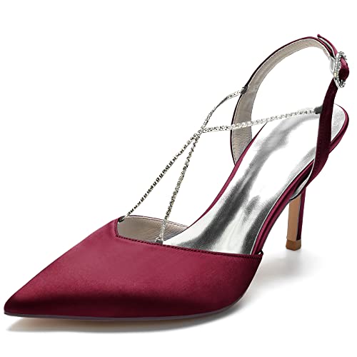 KUHAOFEU Damen High Heel Pumps Mit Rückenriemen - Geschlossene Spitze Zehen Strass Brautschuhe Für Arbeit, Hochzeiten,Burgundy,36 EU von KUHAOFEU