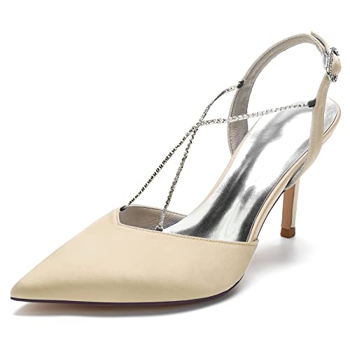KUHAOFEU Damen High Heel Pumps Mit Rückenriemen - Geschlossene Spitze Zehen Strass Brautschuhe Für Arbeit, Hochzeiten,Champagne,39 EU von KUHAOFEU