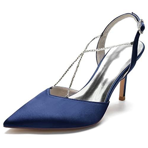 KUHAOFEU Damen High Heel Pumps Mit Rückenriemen - Geschlossene Spitze Zehen Strass Brautschuhe Für Arbeit, Hochzeiten,Dark Blue,36 EU von KUHAOFEU