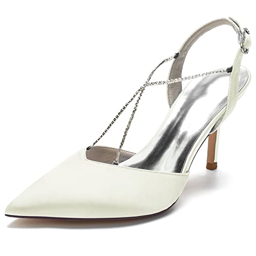 KUHAOFEU Damen High Heel Pumps Mit Rückenriemen - Geschlossene Spitze Zehen Strass Brautschuhe Für Arbeit, Hochzeiten,Elfenbein,39 EU von KUHAOFEU