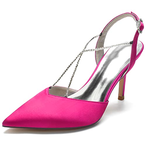 KUHAOFEU Damen High Heel Pumps Mit Rückenriemen - Geschlossene Spitze Zehen Strass Brautschuhe Für Arbeit, Hochzeiten,Rose red,37 EU von KUHAOFEU