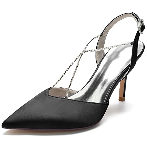 KUHAOFEU Damen High Heel Pumps Mit Rückenriemen - Geschlossene Spitze Zehen Strass Brautschuhe Für Arbeit, Hochzeiten,Schwarz,37 EU von KUHAOFEU