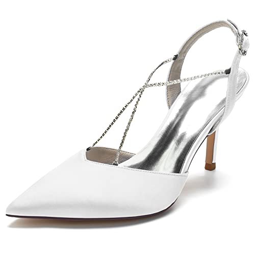 KUHAOFEU Damen High Heel Pumps Mit Rückenriemen - Geschlossene Spitze Zehen Strass Brautschuhe Für Arbeit, Hochzeiten,Weiß,38 EU von KUHAOFEU