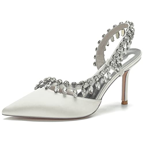 KUHAOFEU Damen High Heels, Strass Spitze Zehen Brautschuhe Slingback Stiletto Absatz Brautkleider Sandalen,Elfenbein,43 EU von KUHAOFEU