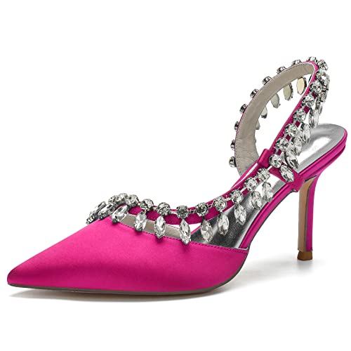 KUHAOFEU Damen High Heels, Strass Spitze Zehen Brautschuhe Slingback Stiletto Absatz Brautkleider Sandalen,Rose red,42 EU von KUHAOFEU
