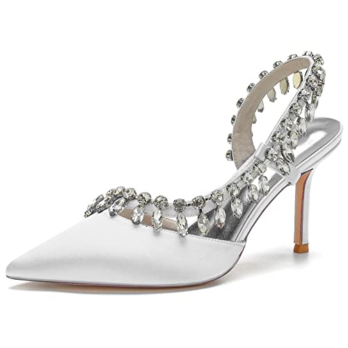 KUHAOFEU Damen High Heels, Strass Spitze Zehen Brautschuhe Slingback Stiletto Absatz Brautkleider Sandalen,Weiß,39 EU von KUHAOFEU
