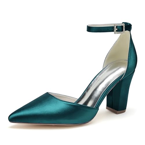 KUHAOFEU Damen High Heels Mit Blockabsatz Geschlossene Zehen Büro Riemchen Pumps Klobiger Absatz Abend Party Schuhe,Teal,37 EU von KUHAOFEU