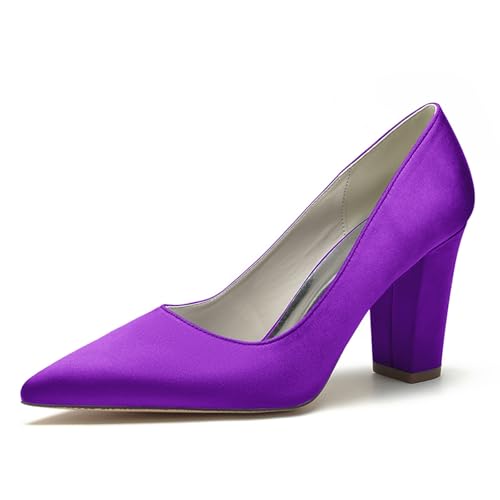 KUHAOFEU Damen High Heels Spitze Zehen Hochzeits-Pumps Slip-On Blockabsatz Arbeitsschuhe,Dark Purple,37 EU von KUHAOFEU