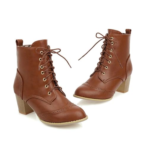 KUHAOFEU Damen High Heels Stiefeletten mit Schnürung Winterstiefel Blockabsatz,Gelb,34 EU von KUHAOFEU