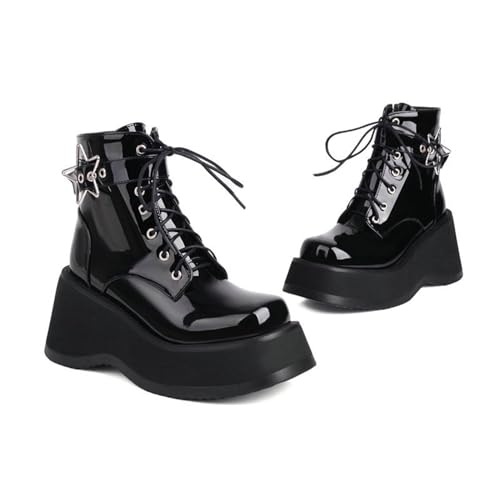 KUHAOFEU Damen Keilstiefel Runder Zehen Plaftorm Stiefel Schnür Gotisch Stiefeletten Reißverschluss Kurzschaft Stiefel,Black patent Leather,38 EU von KUHAOFEU
