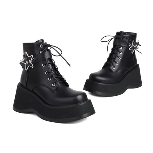 KUHAOFEU Damen Keilstiefel Runder Zehen Plaftorm Stiefel Schnür Gotisch Stiefeletten Reißverschluss Kurzschaft Stiefel,Black pu Leather,39 EU von KUHAOFEU