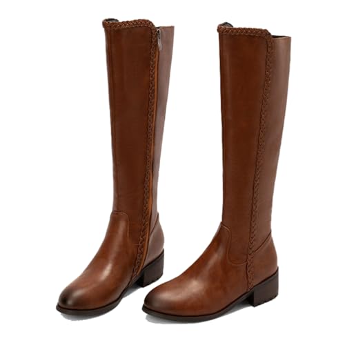 KUHAOFEU Damen Kniehohe Stiefel Flache Reitstiefel Hohe Stiefel Mit Reißverschluss Für Frauen,Braun,47 EU von KUHAOFEU
