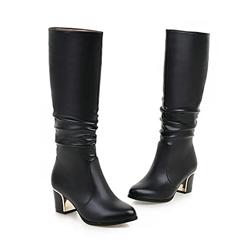 KUHAOFEU Damen Knielange Schlaffer Schaft Stiefel Runde Spitze Reitstiefel Block Mittelhoher Absatz Knielange Stiefel,Schwarz,37 EU von KUHAOFEU