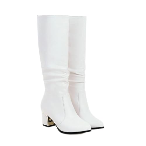 KUHAOFEU Damen Knielange Schlaffer Schaft Stiefel Runde Spitze Reitstiefel Block Mittelhoher Absatz Knielange Stiefel,Weiß,38 EU von KUHAOFEU