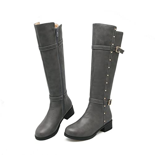 KUHAOFEU Damen Kunstleder Motorrad Stiefel Lange rutschfeste Seite Reißverschluss Knie Hohe Schneestiefel mit Nieten,Grau,40 EU von KUHAOFEU