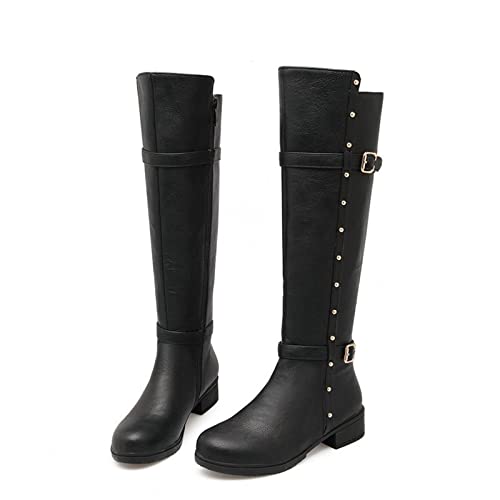 KUHAOFEU Damen Kunstleder Motorrad Stiefel Lange rutschfeste Seite Reißverschluss Knie Hohe Schneestiefel mit Nieten,Schwarz,38 EU von KUHAOFEU
